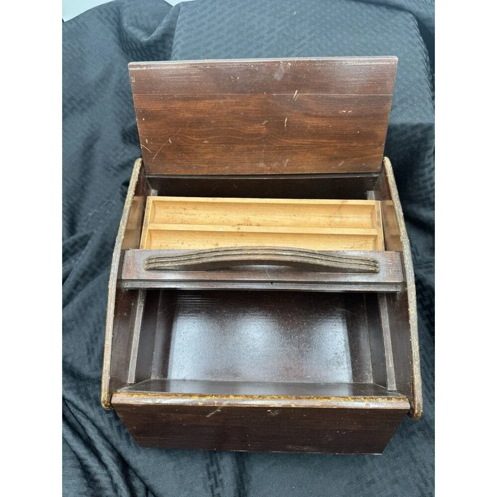 Vintage Wood Sewing Box With Handle, Hinged Double Flip Lids,  Butler # 150